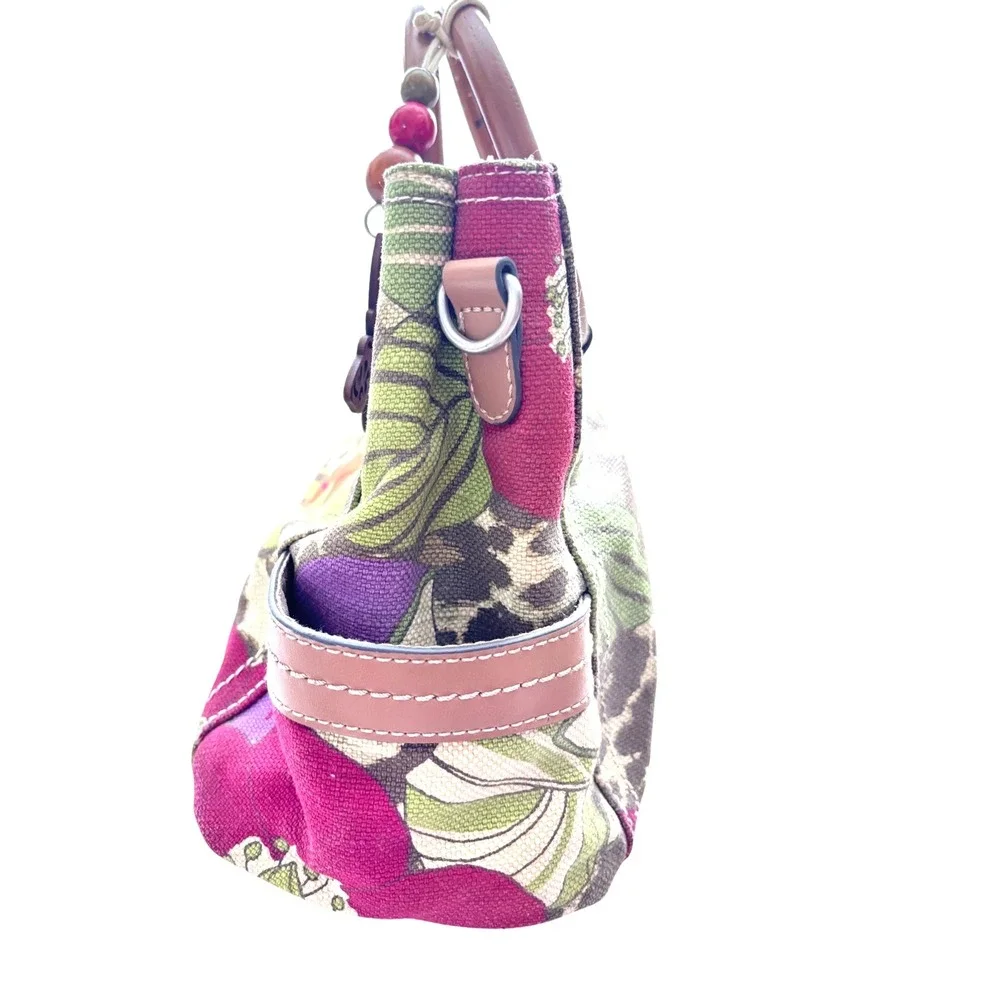 Relic Floral Canvas Satchel Purse Wood Handle Pockets Faux Leather Trim Zip Snap